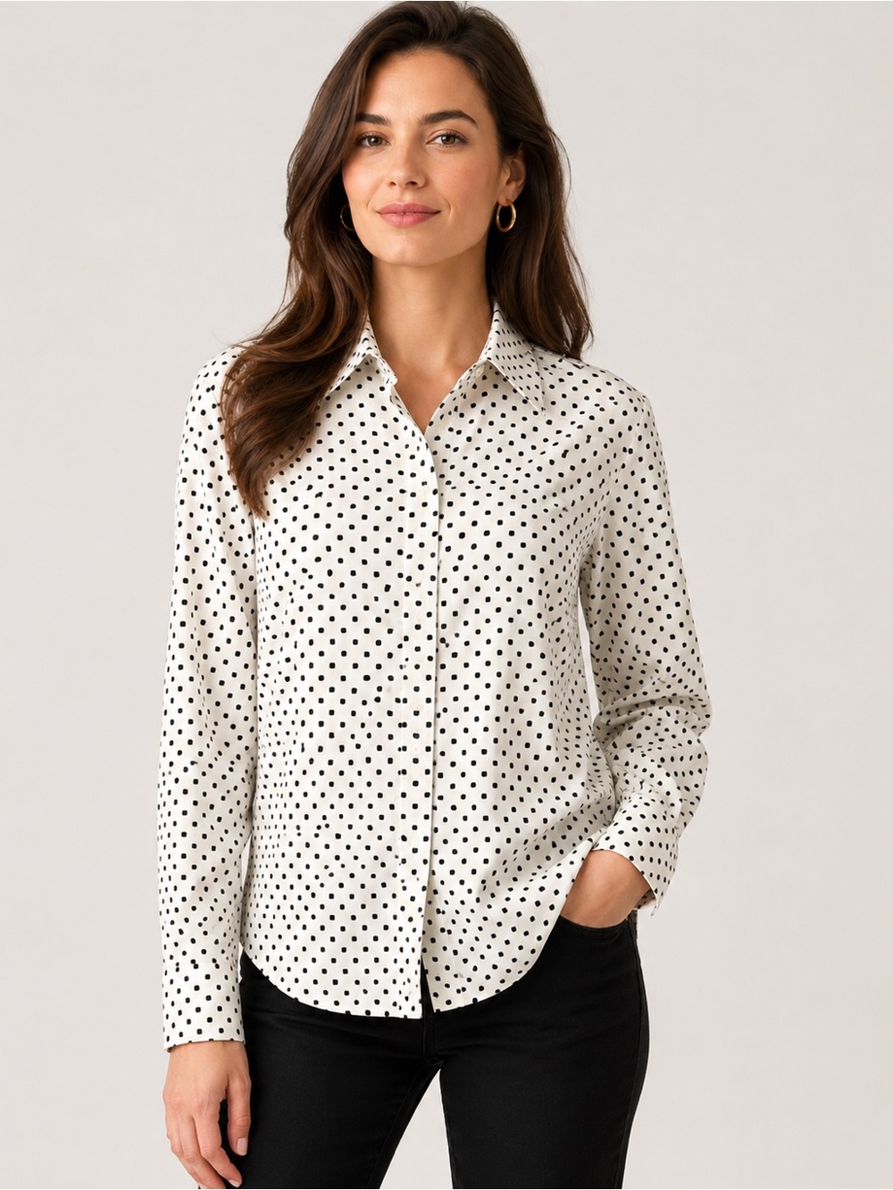 Polka Dot Button-Down Shirt in White with Black Dots